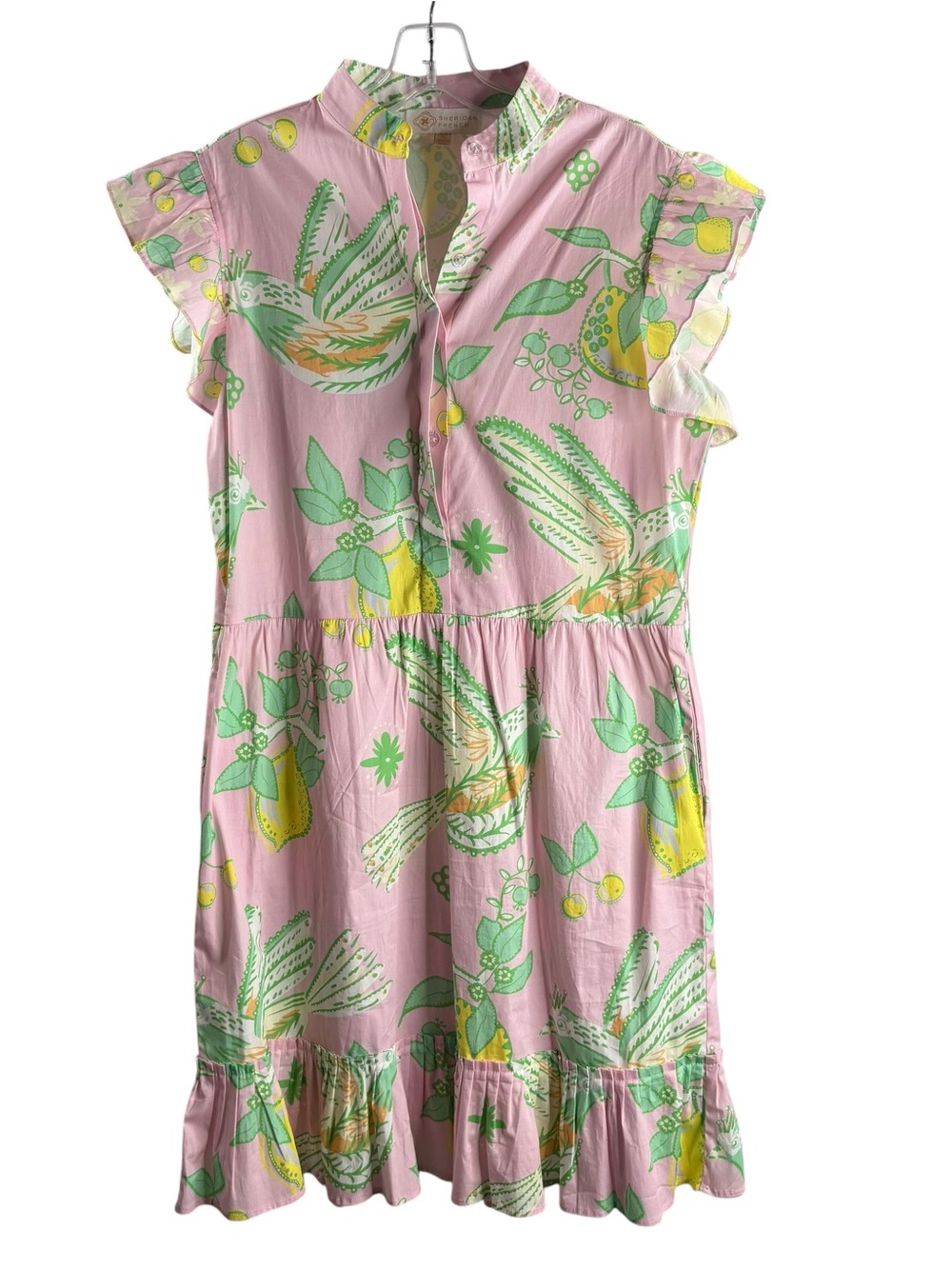 SHERIDAN FRENCH Pink Green Tropical Print Ruffle Hem Mini Dress $355